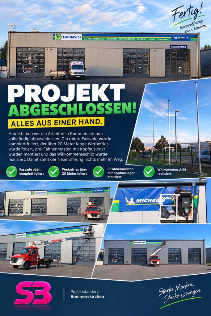 Fassadenfolierung und Fahnenmasten am Euromaster Service-Center in Rommerskirchen