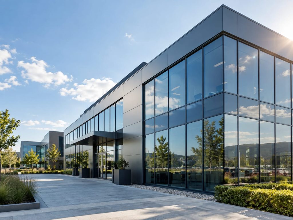Sonnenschutzfolie für Fenster an einem Gewerbegebäude