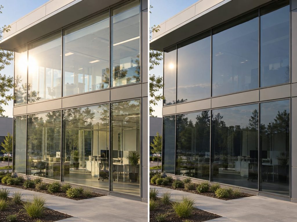 Eine Glasfront einmal ohne und einmal mit leicht getönter beziehungsweise reflektierender Sonnenschutzfolie.